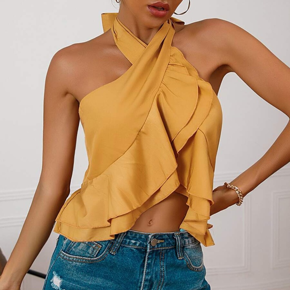 Boho Criss Cross Halter Ruffle Yellow Mustard